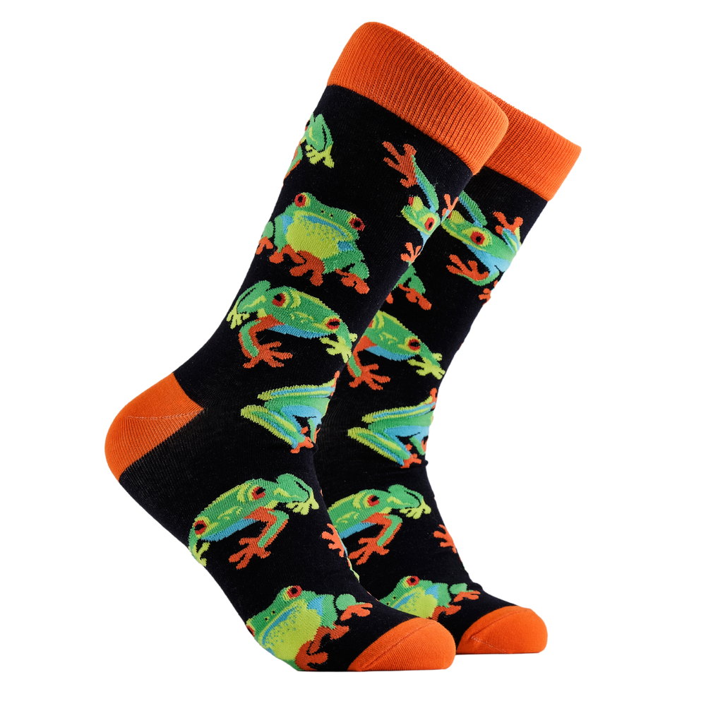 Frog Socks - RIBBIT! A pair of socks depicting tree frogs. Black legs, orange cuff, heel and toe.