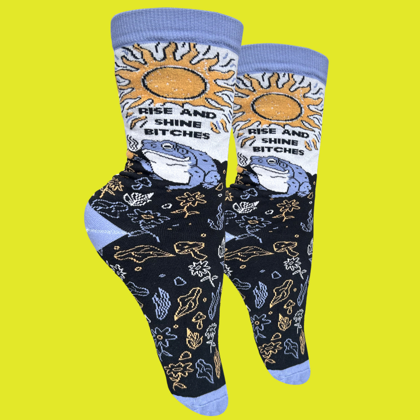 
                  
                    A pair of socks with a design featuring a frog, a sunrise and section of scared plants. Purple toes, heel and cuff.
                  
                