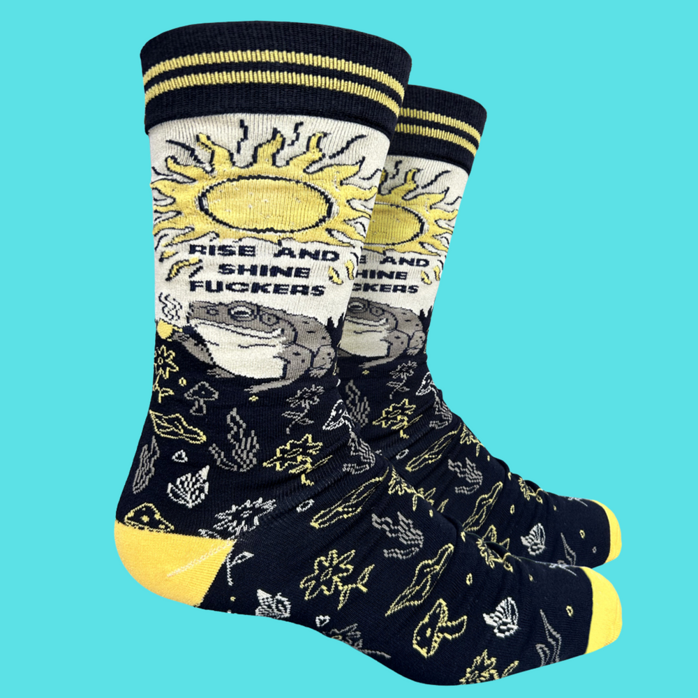 A pair of socks with a design featuring a frog, a sunrise and section of scared plants. Yellow toes, heel and cuff.