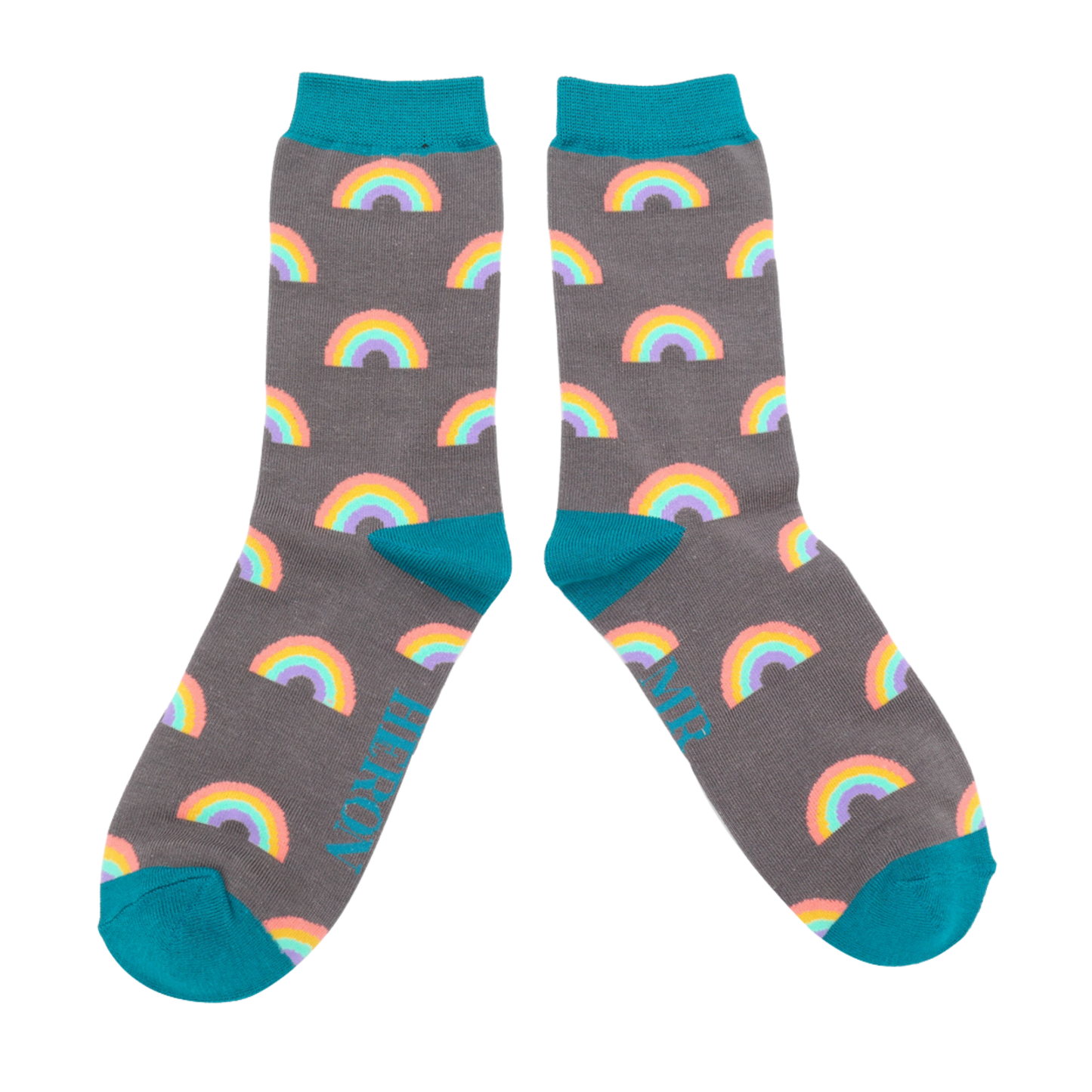 A pair of socks with a rainbow pattern. Grey blue legs, teal cuff, toe and heel.