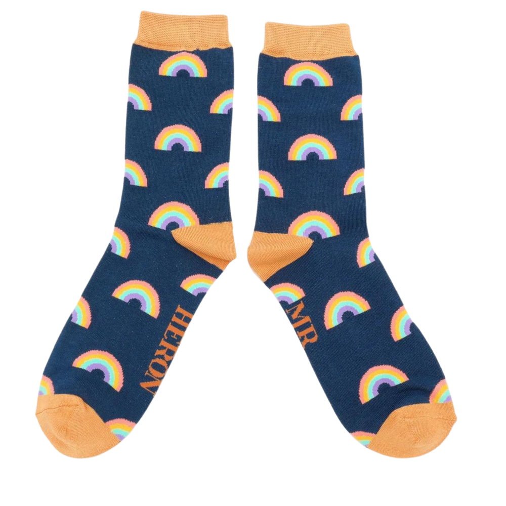 
                  
                    A pair of socks with a rainbow pattern. Dark blue legs, orange cuff, toe and heel.
                  
                