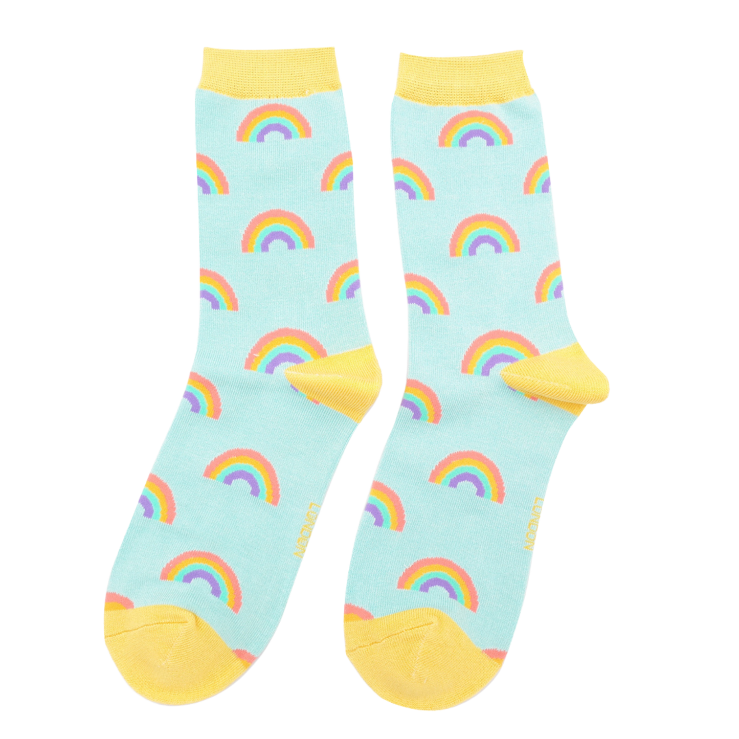 Rainbows Bamboo Socks - Miss Sparrow. A pair of socks with a rainbow pattern. Light blue legs, yellow cuff, toe and heel.