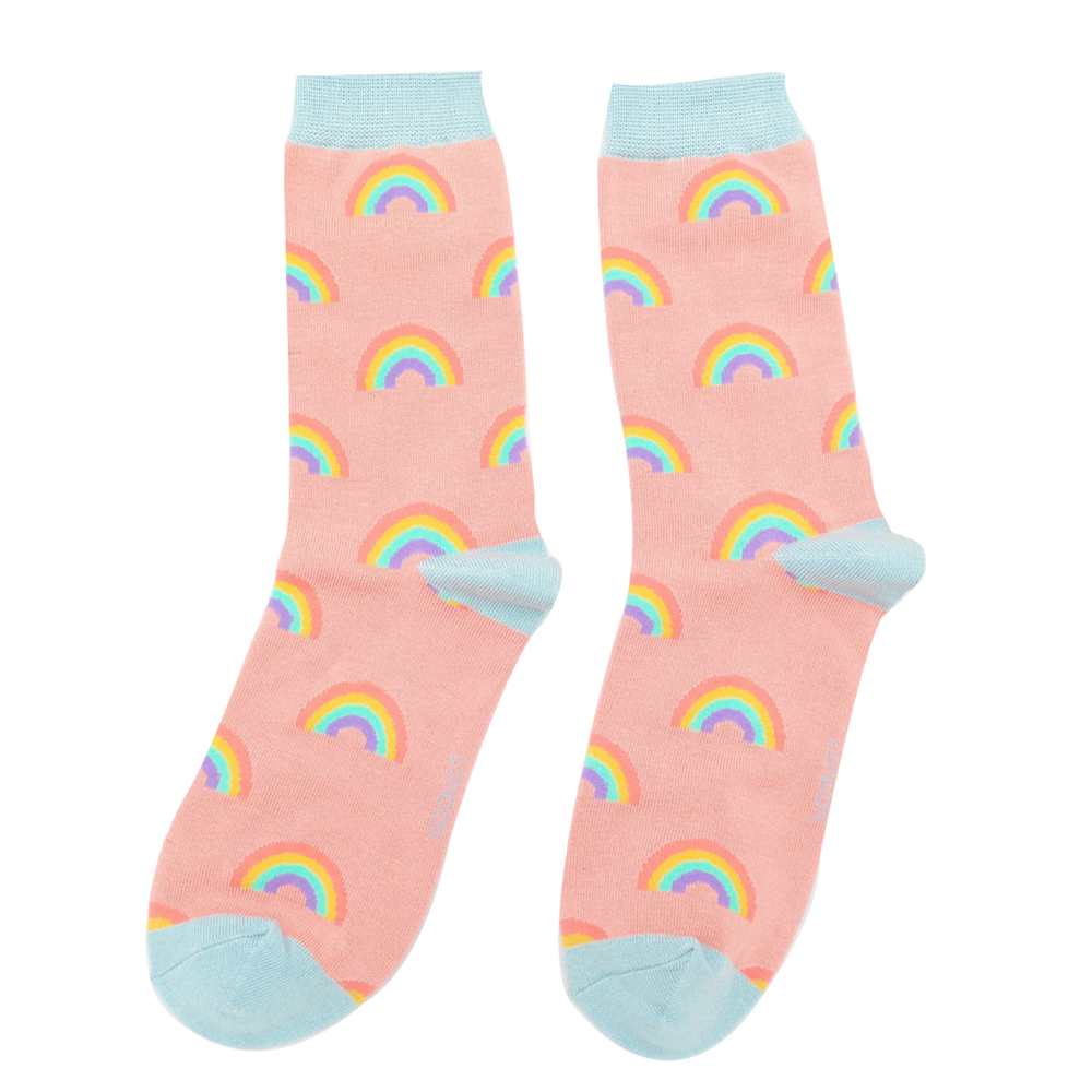 
                  
                    A pair of socks with a rainbow pattern. Peach legs, light blue cuff, toe and heel.
                  
                