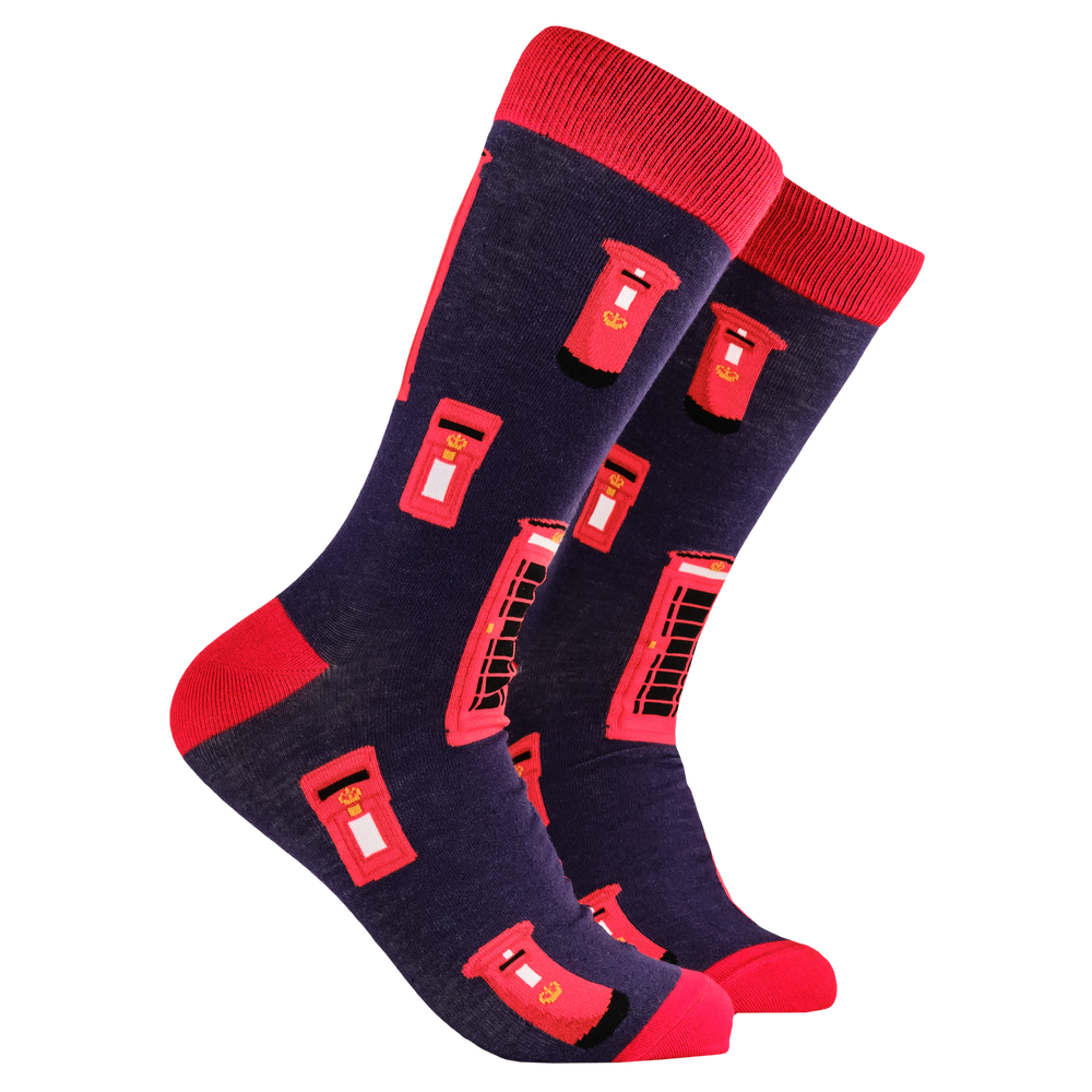 Telephone Socks - Red Boxes Bamboo. A pair of socks with a red telephone box motif. Dark blue legs, red heel, toe and cuff. 