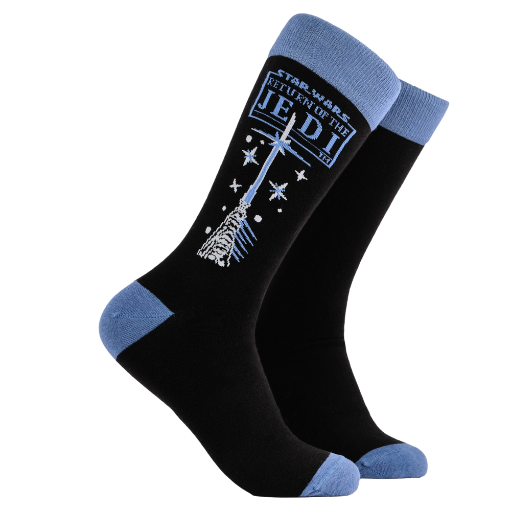 Star Wars Socks - Return of the Jedi. A pair of socks depicting hands holding a lightsaber. Black legs, blue cuff, heel and toe.