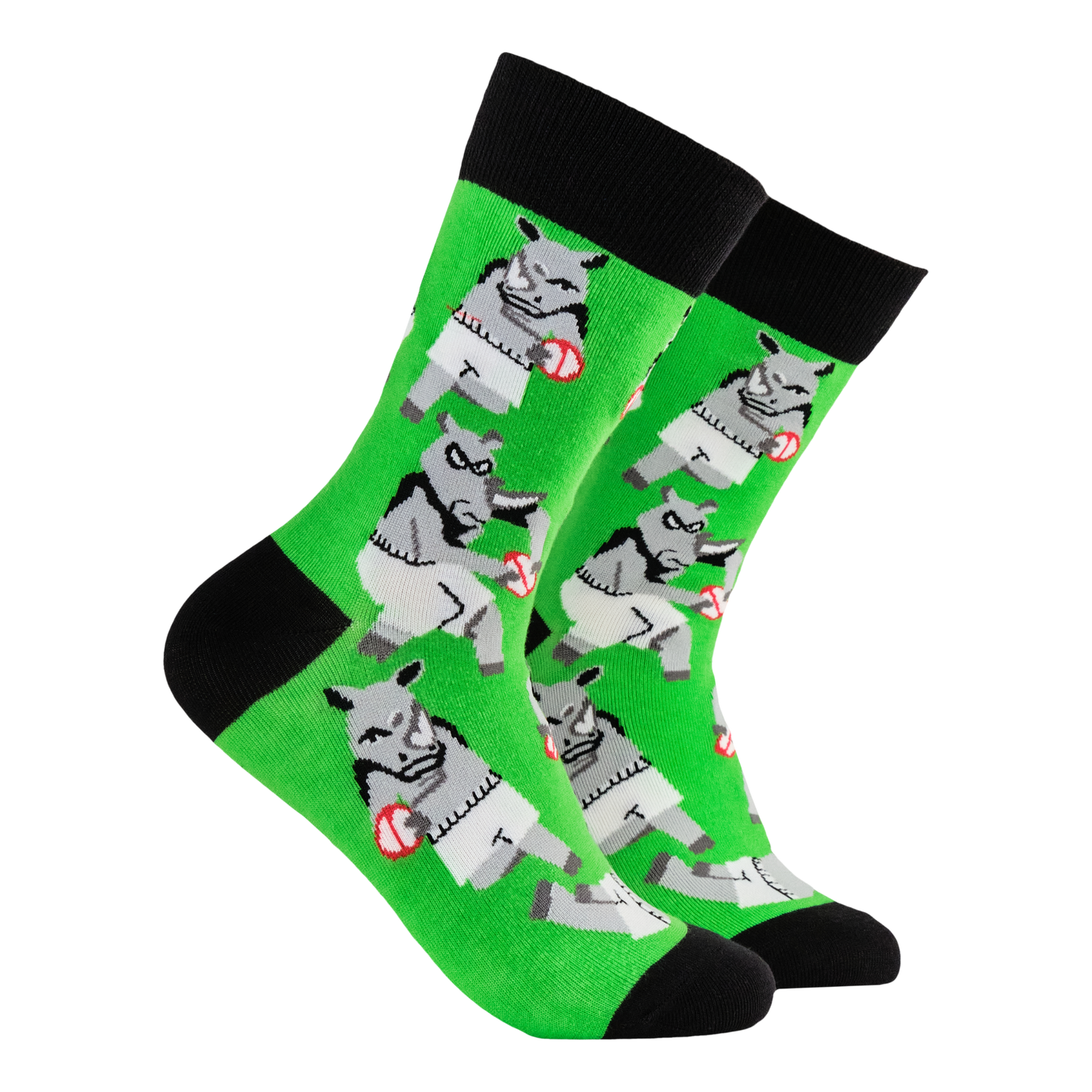 Rhino Rugby Socks. A pair of socks featuring rhinos playing rugby. Green legs, black heel, toe and cuff. 