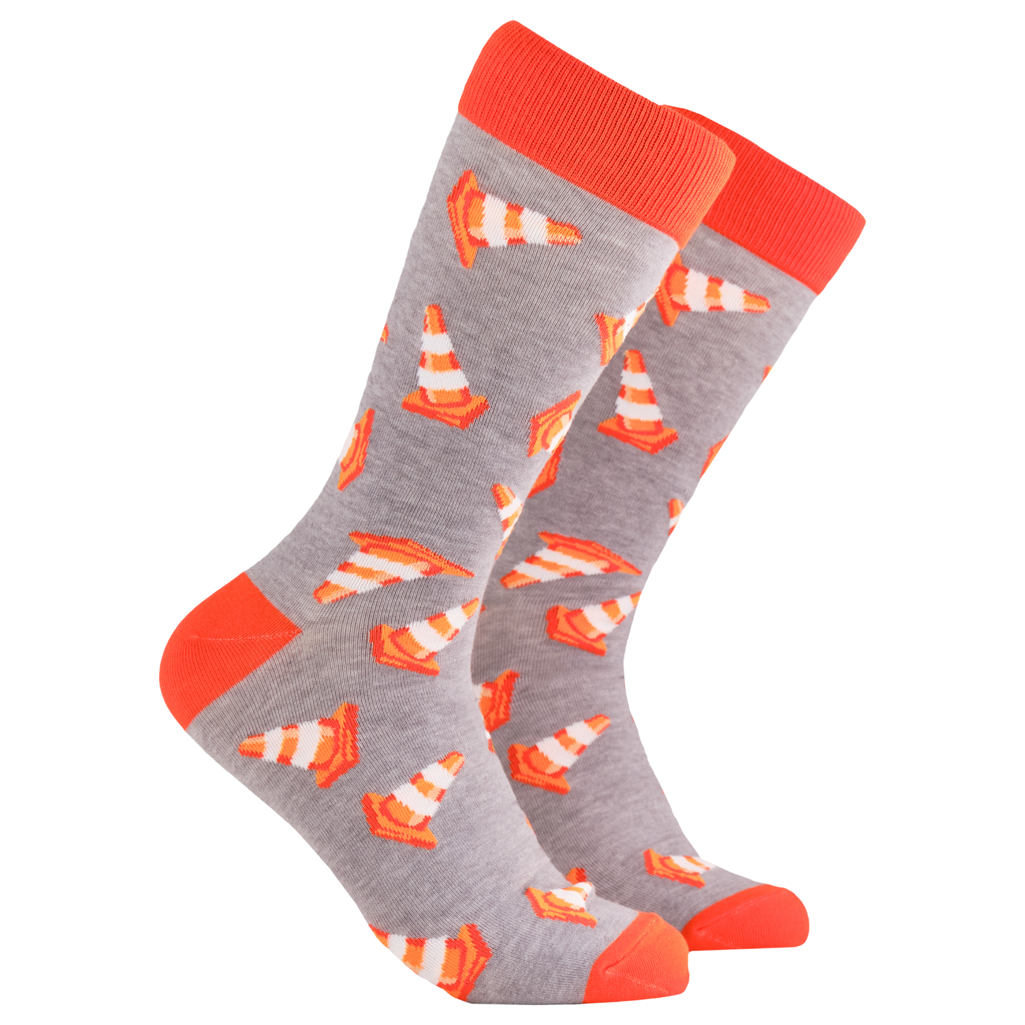 Traffic Cone Socks - Road Works. A pair of socks depicting traffic cones. Grey legs, orange cuff, heel and toe.