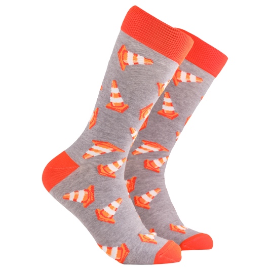 Traffic Cone Socks - Road Works. A pair of socks depicting traffic cones. Grey legs, orange cuff, heel and toe.