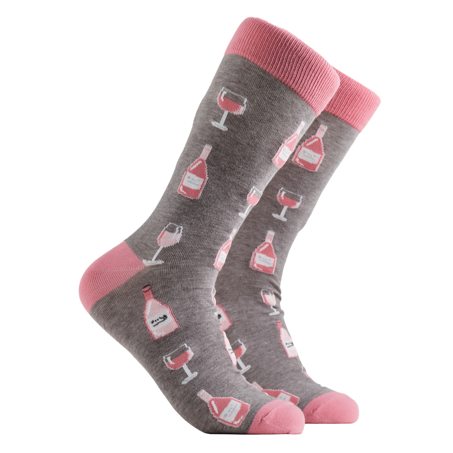 Wine Socks - Rosé O'clock. A pair of socks depicting Rose wine bottles and glasses. Grey legs, pink cuff, heel and toe.