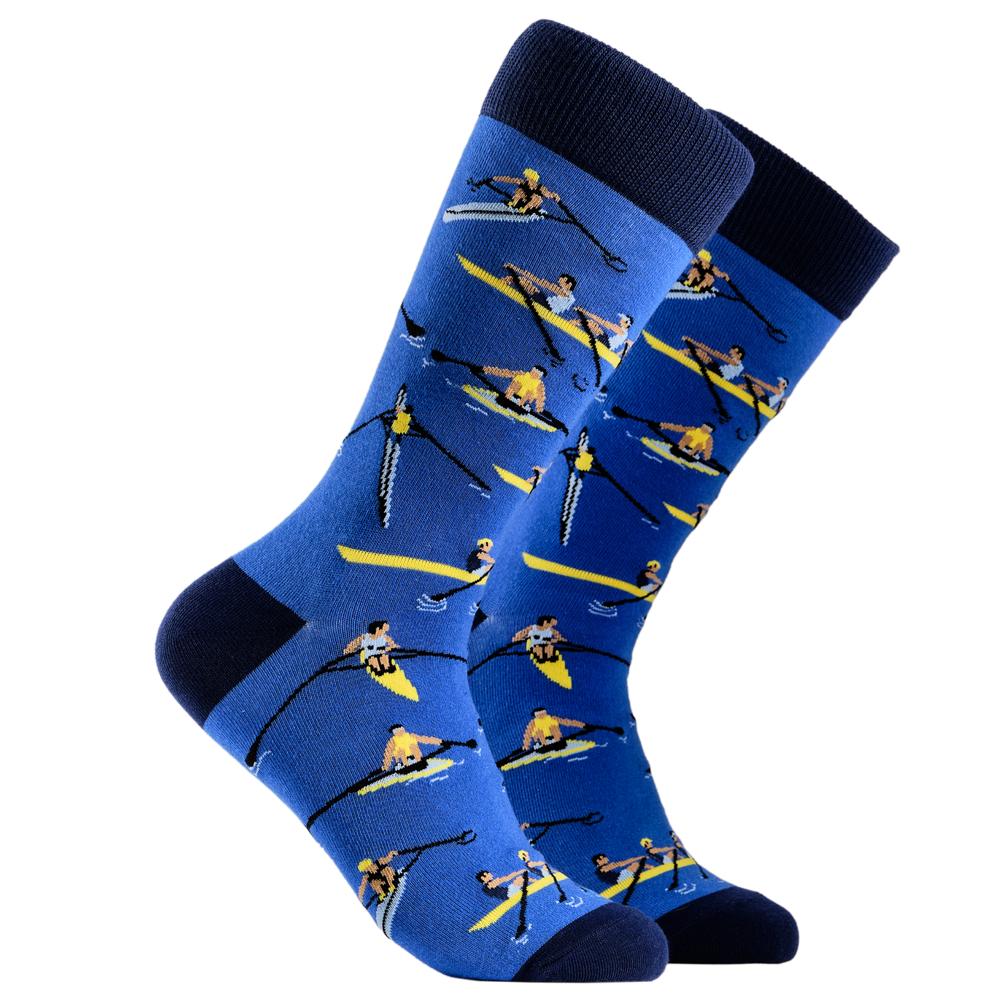 Rowing Socks. A pair of socks depicting row boat racers. Blue legs, dark blue cuff, heel and toe.