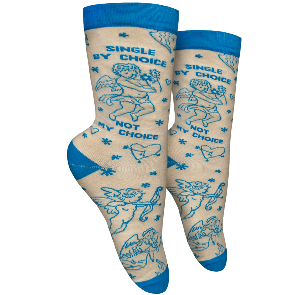 Single By Choice, Not My Choice Slogan Socks. A pair of socks with a cupid motif. Cream legs, blue, toe, heel and cuff. 