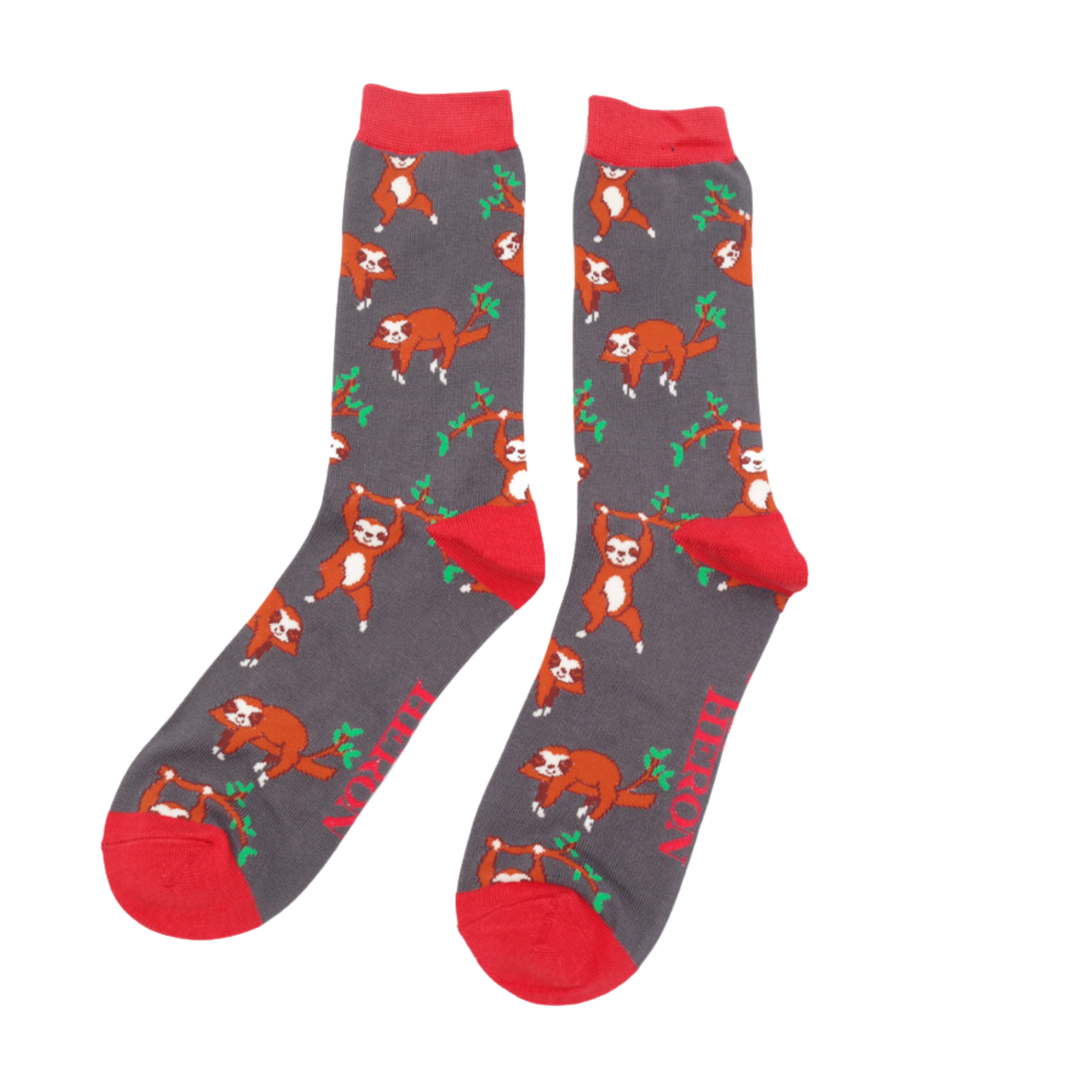 Sloths Bamboo Socks - Miss Sparrow. A pair of socks depicting sloths having fun. Grey legs, red cuff, toe and heel. 