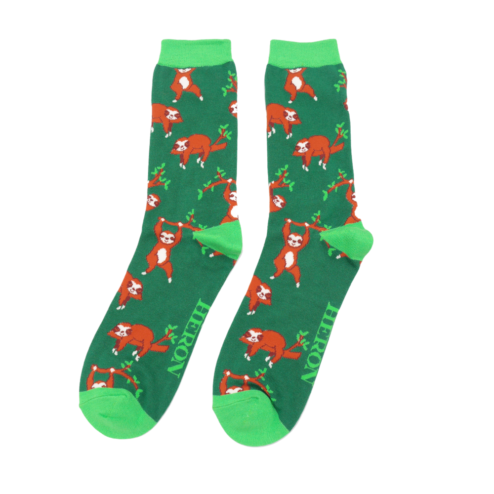 
                  
                    A pair of socks depicting sloths having fun. Green legs, light green cuff, toe and heel.
                  
                