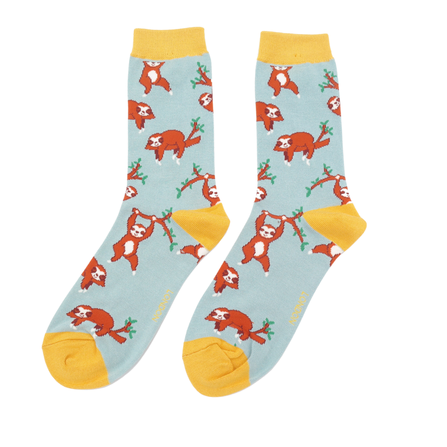 A pair of socks depicting sloths having fun. Light blue legs, yellow cuff, toe and heel.