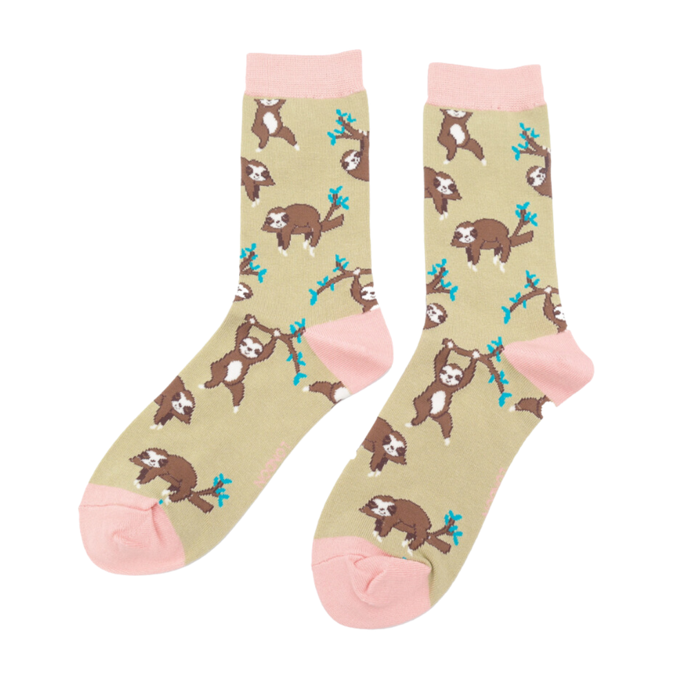 
                  
                    A pair of socks depicting sloths having fun. Light brown legs, pink cuff, toe and heel.
                  
                