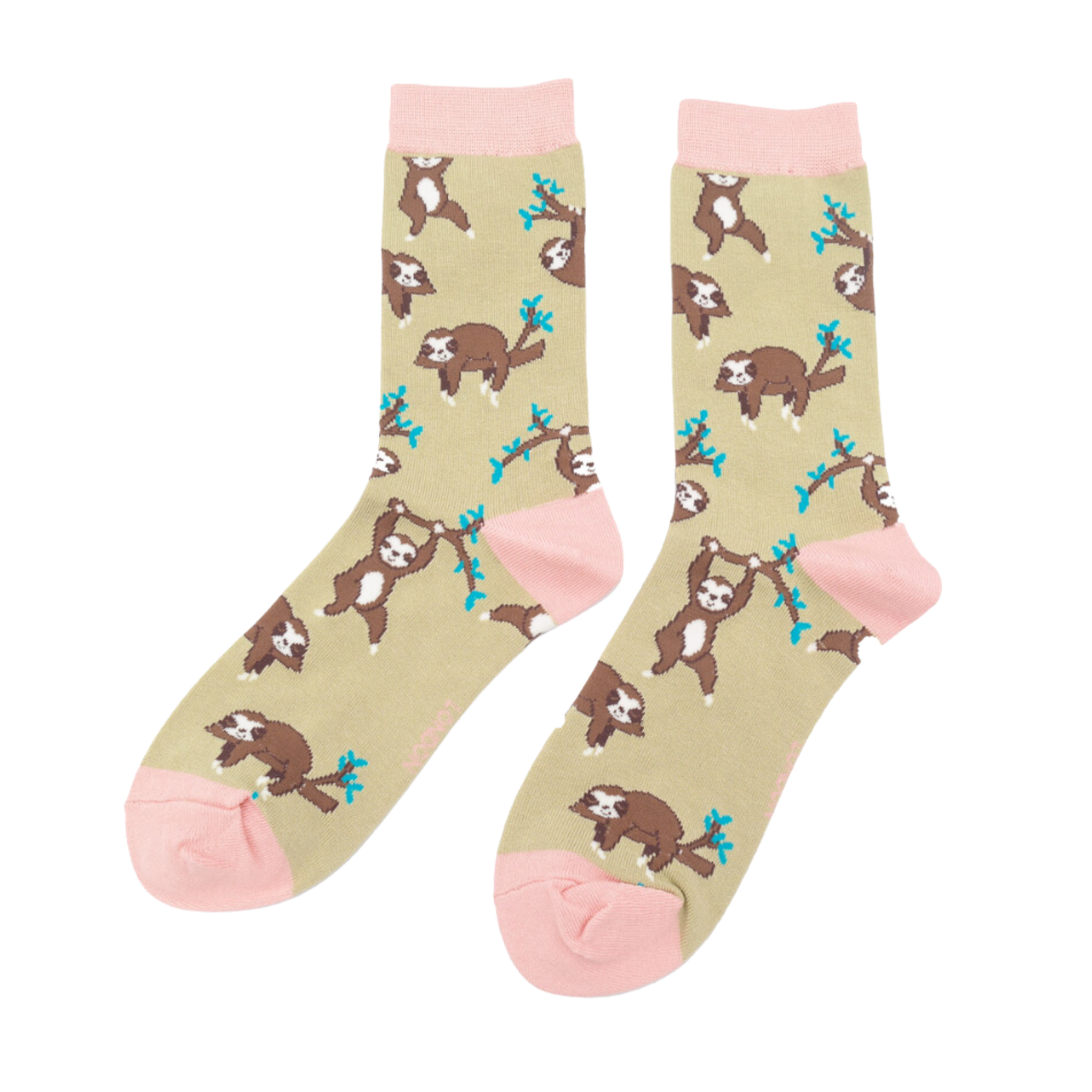 
                  
                    A pair of socks depicting sloths having fun. Light brown legs, pink cuff, toe and heel.
                  
                