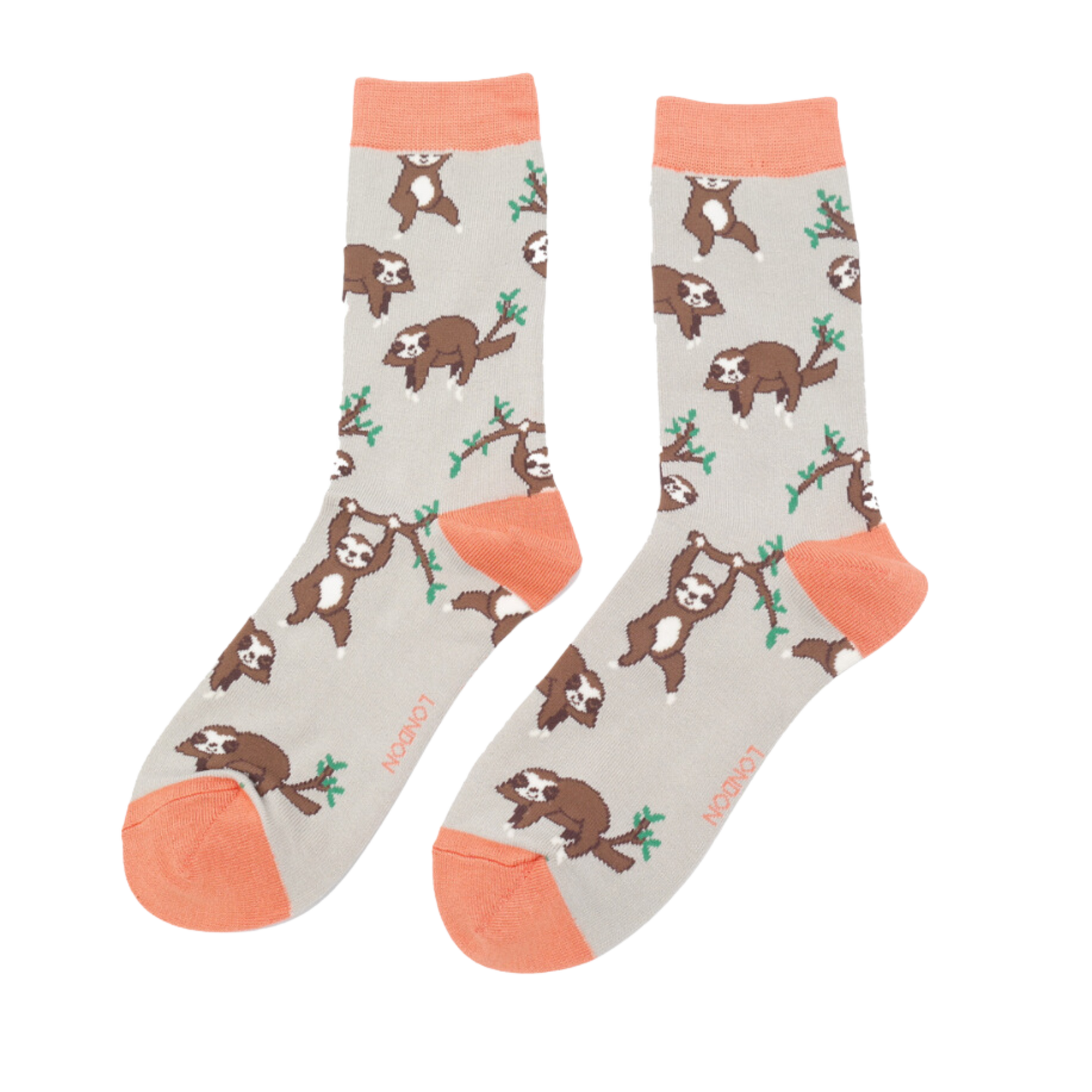 
                  
                    A pair of socks depicting sloths having fun. Grey legs, peach cuff, toe and heel.
                  
                