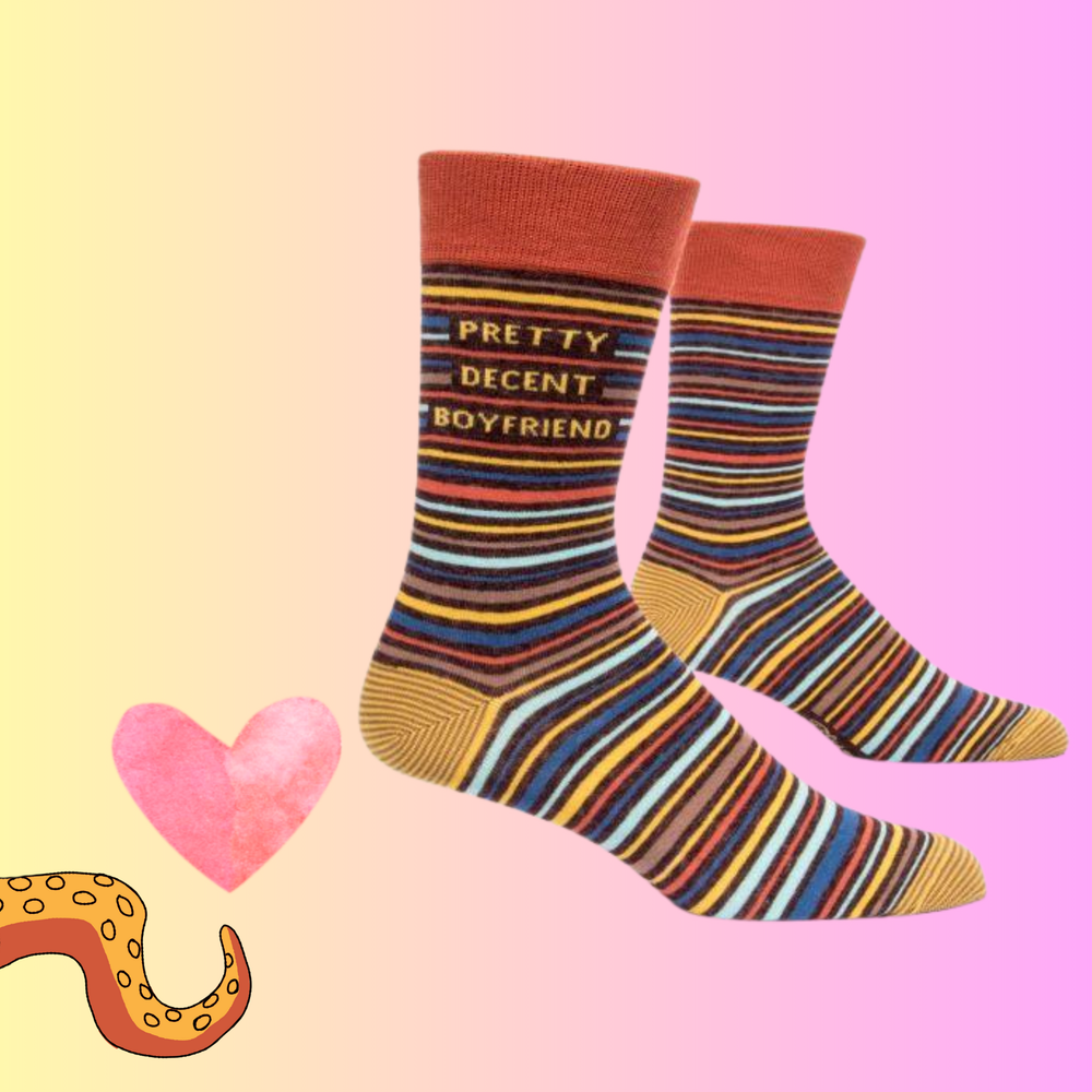 A pair of socks with a striped pattern and a slogan. Striped legs, heel, toe and cuff. 