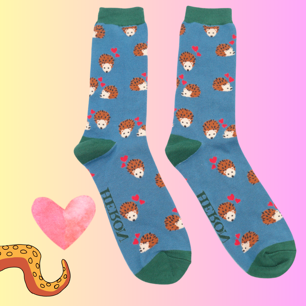 
                      
                        A pair of socks with a hedgehog and hearts motif. Blue legs, green heel, toe and cuff. 
                      
                    