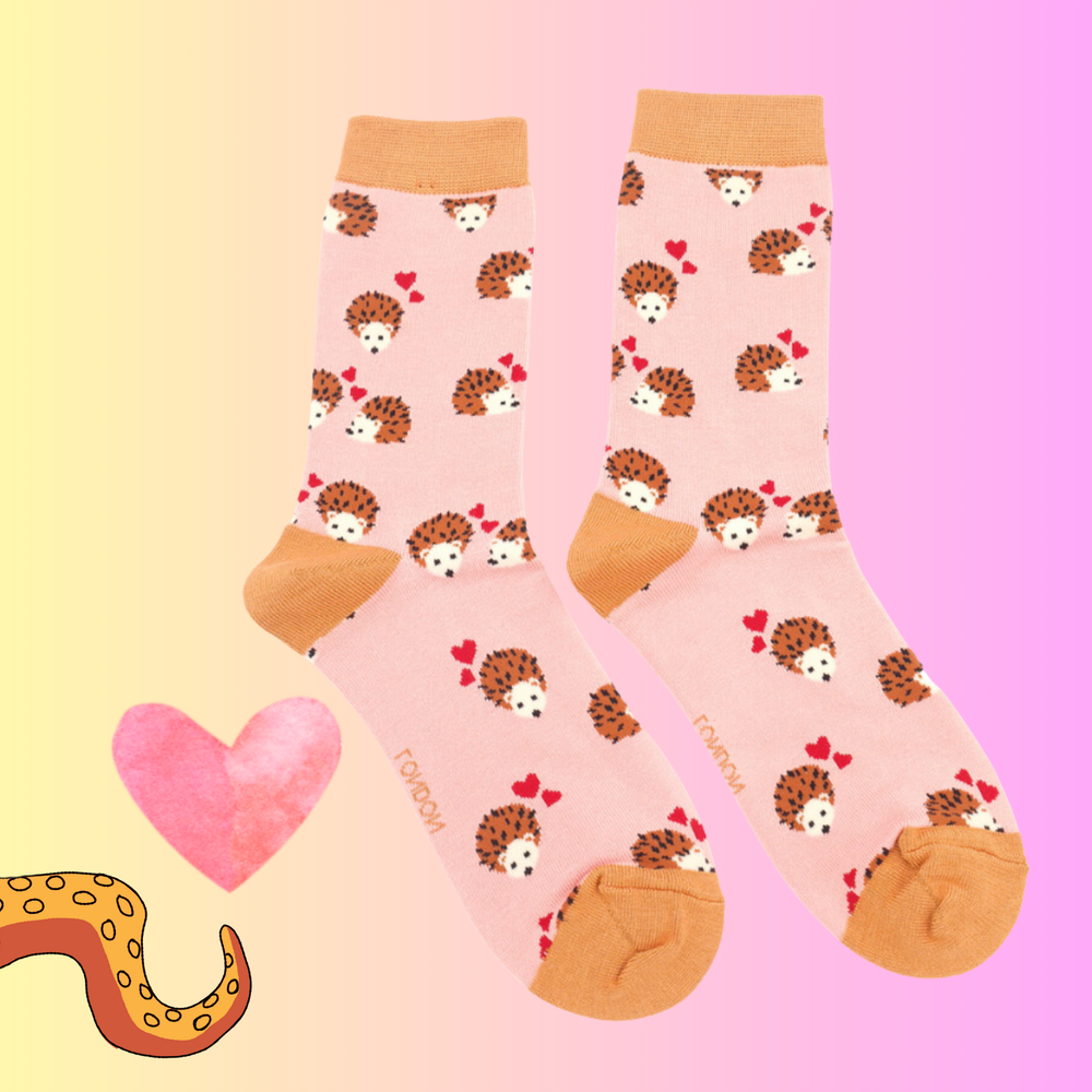 
                      
                        A pair of socks with a hedgehog and hearts motif. Pink legs, orange heel, toe and cuff. 
                      
                    