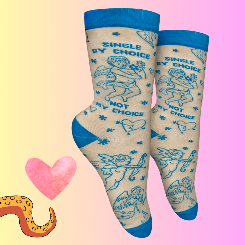 A pair of socks with a cupid motif. Cream legs, blue, toe, heel and cuff. 