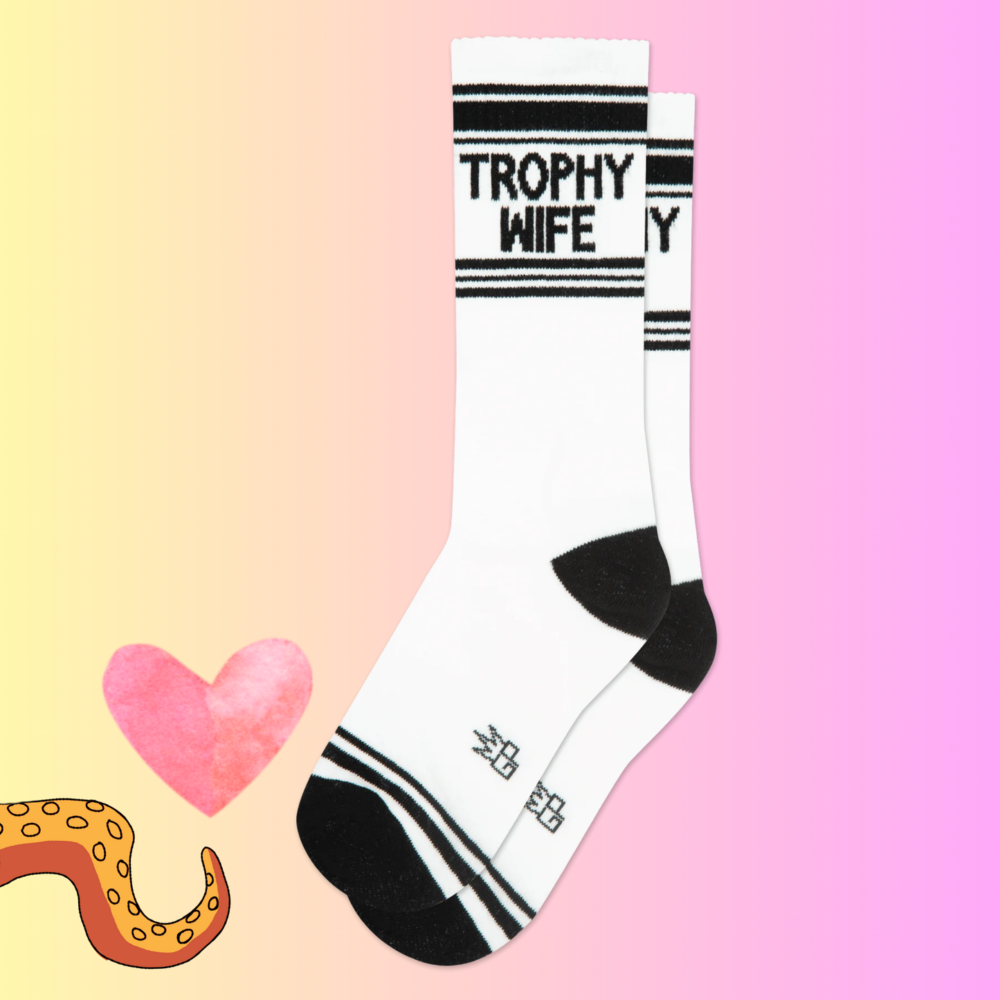 A pair of sports style socks in black and white with the slogan "Trophy Wife"