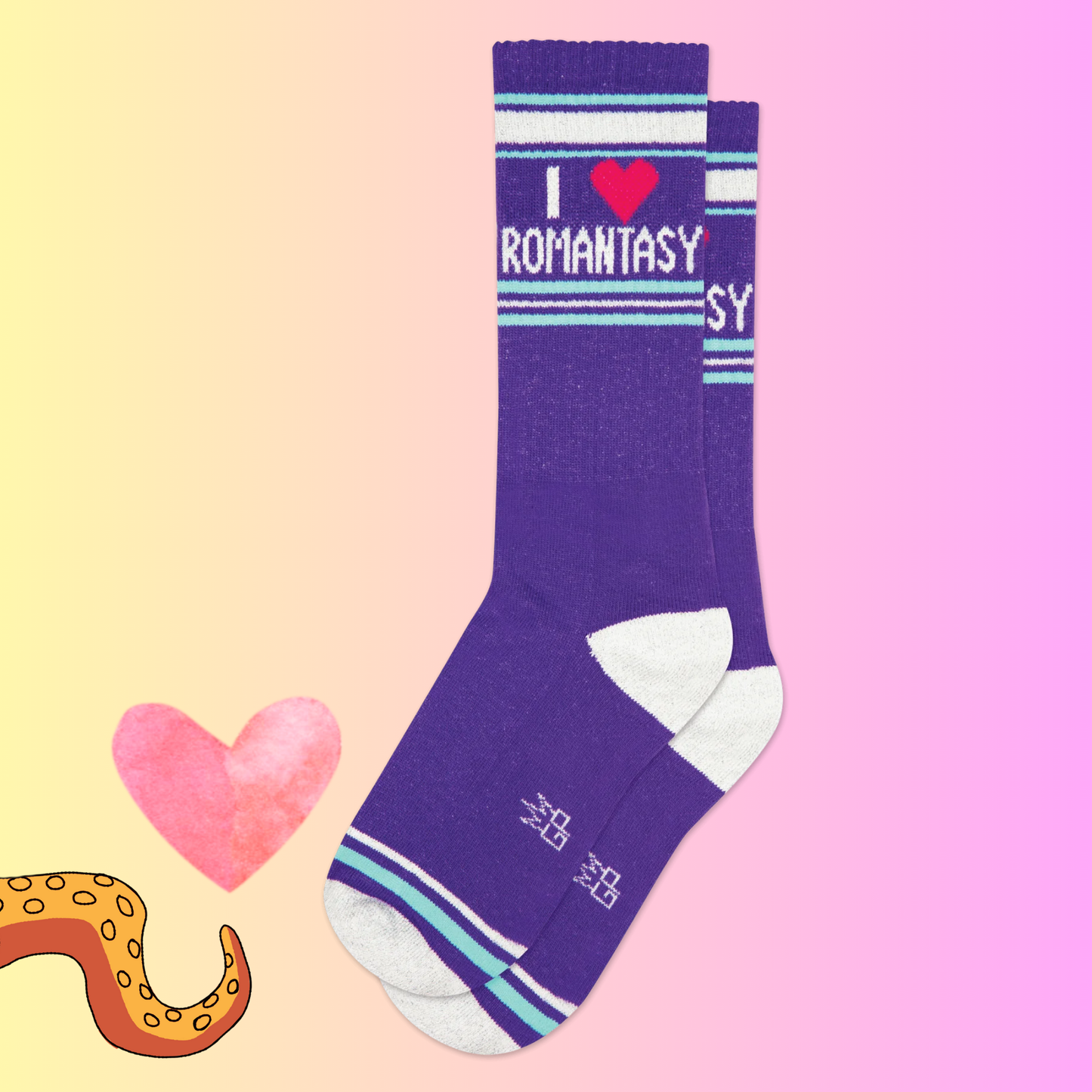 A pair of sports style socks with a romantic slogan. Purple legs, white heel, toe and cuff. 