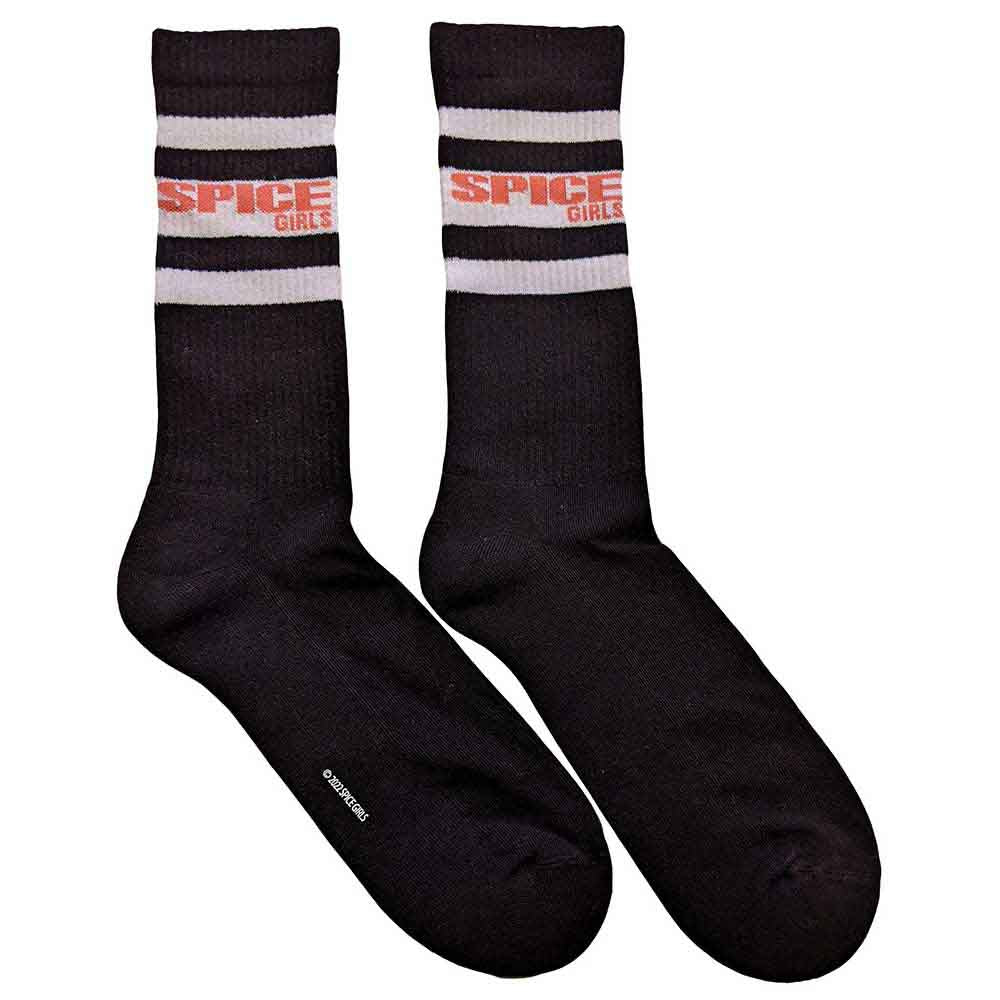 Spice Girls Logo & Stripes Socks. A pair of black crew socks with The Spice Girls logo. 