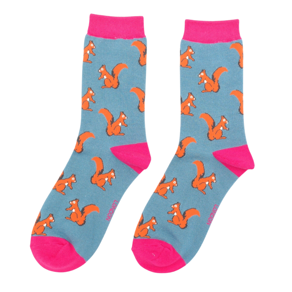 
                      
                        A pair of socks with a squirrel motif. Blue legs, pink cuff, heel and toe.
                      
                    