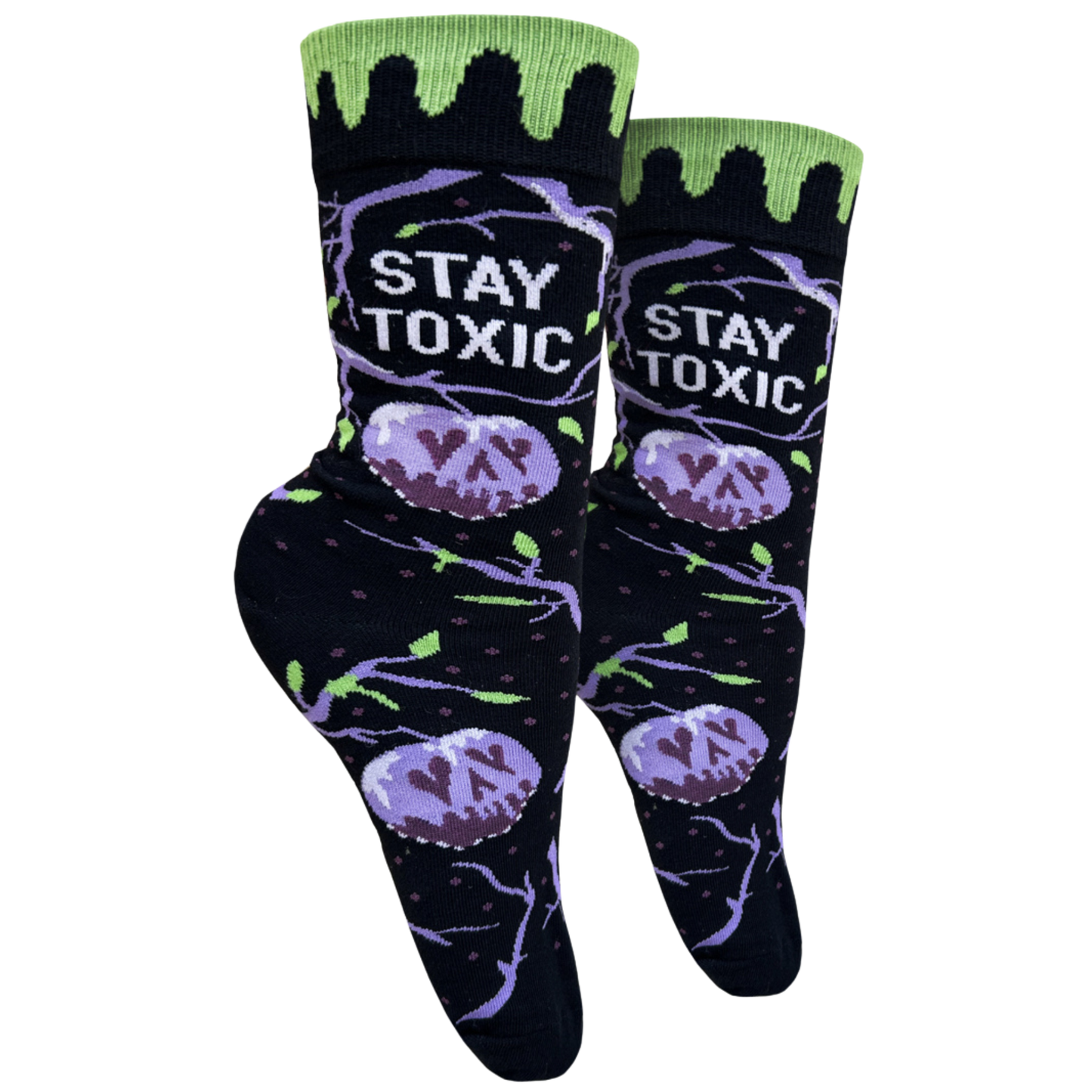 Stay Toxic Socks - Small. A pair of socks with a purple and green toxic waste and Halloween motif. 