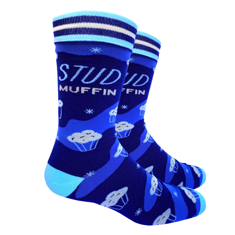 Stud Muffin Slogan Socks. A pair of socks with a stud muffin slogan. Blue legs, light blue heel, toe and cuff. 