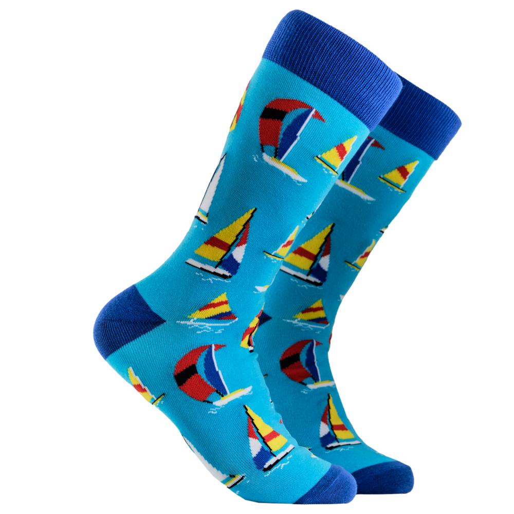 Sailboat Socks - Sailing. A pair of socks depicting sailing boats. Blue legs, dark cuff, heel and toe.