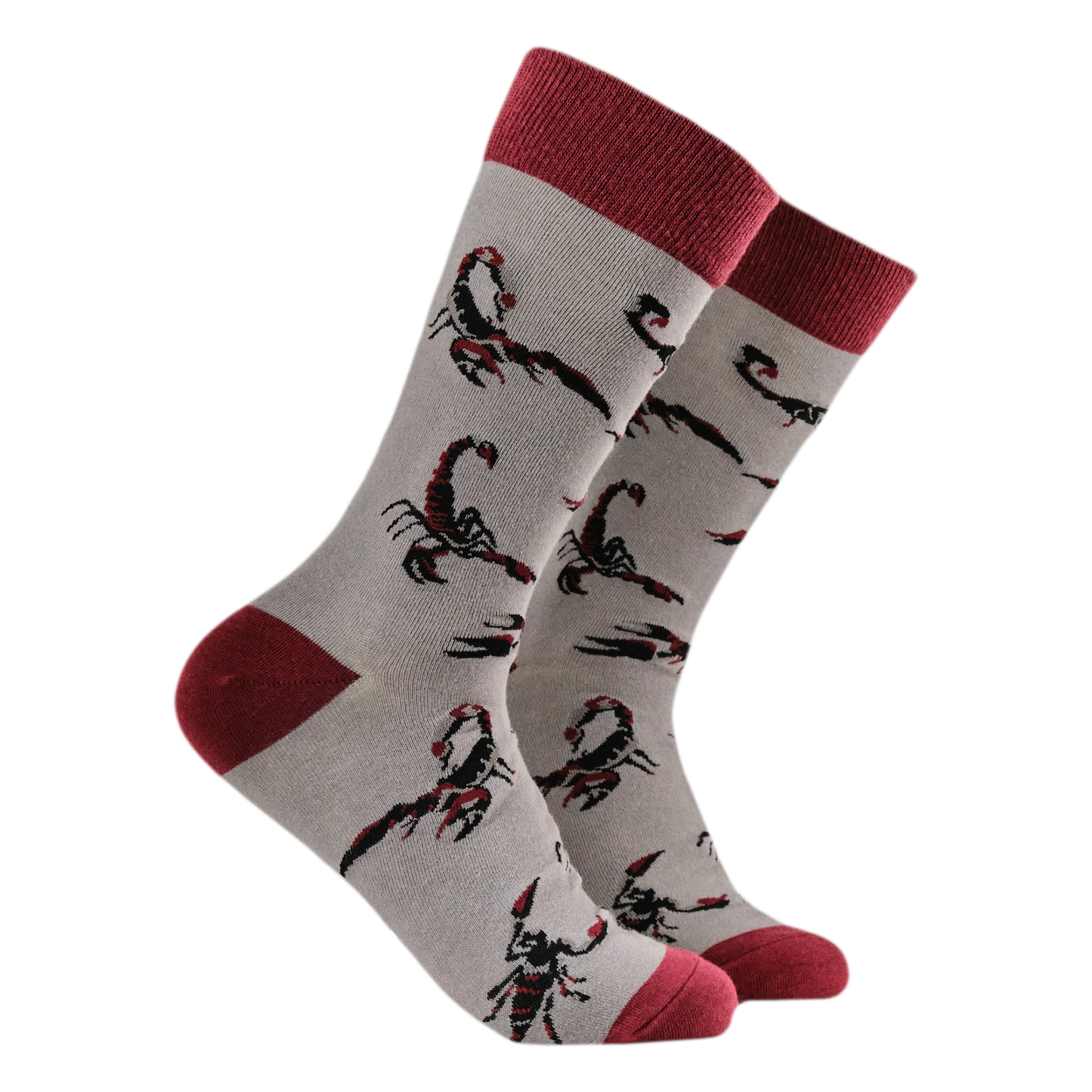 Scorpions Bamboo Socks. A pair of socks featuring a scorpion motif. Grey legs, red heel, toe and cuff. 