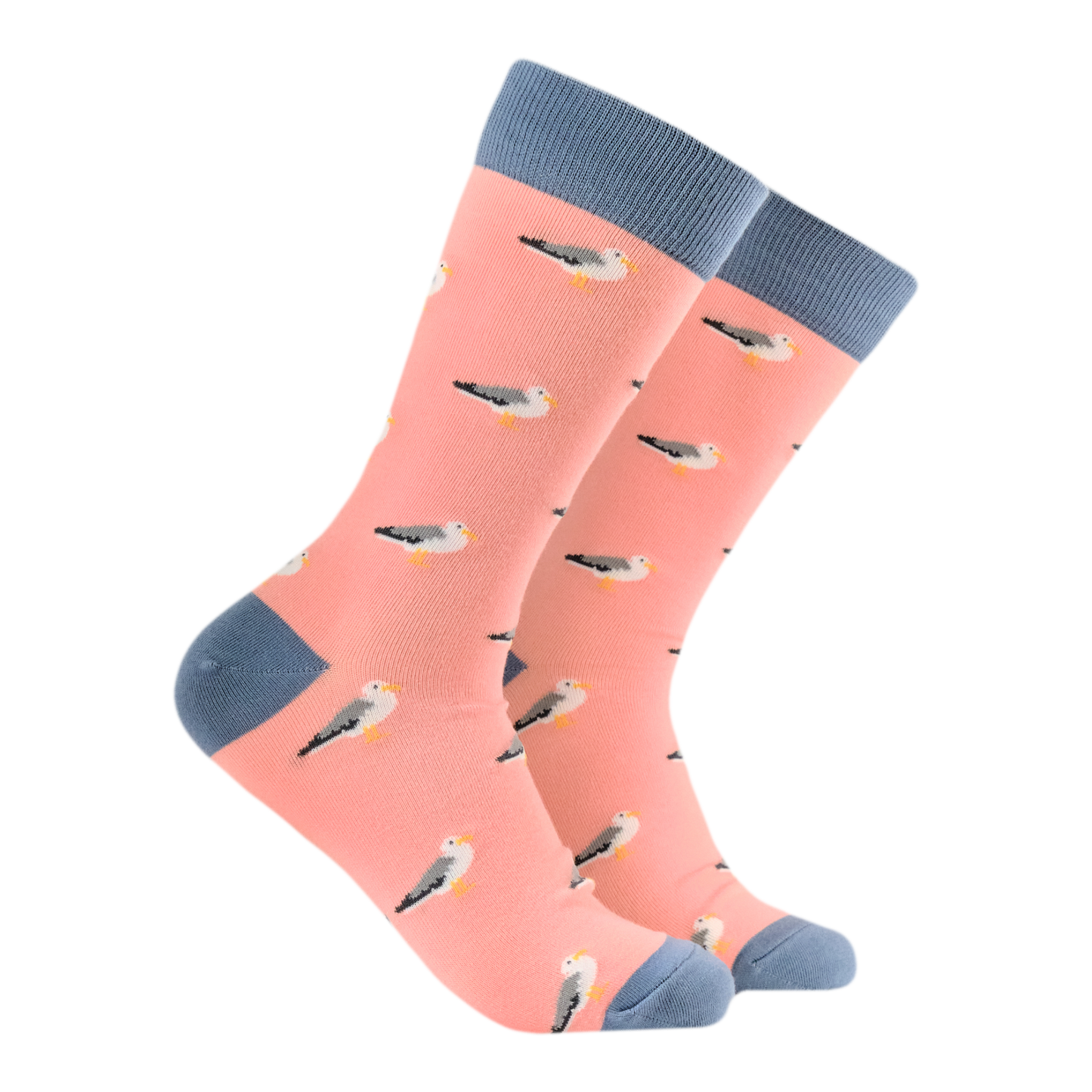 Seagulls Bamboo Socks. A pair of socks depicting seagulls. Peach legs, grey heel, toe and cuff. 