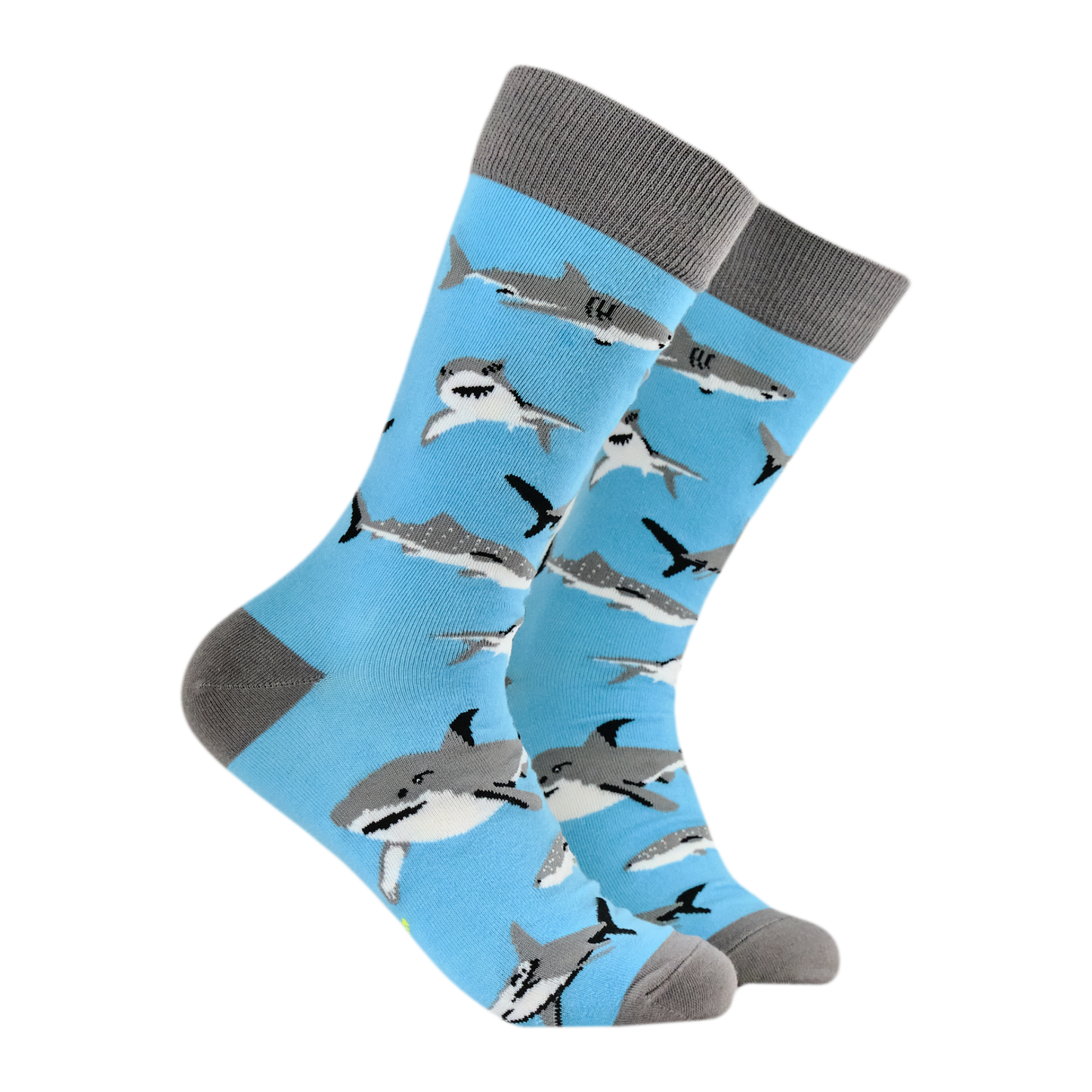 Shark Lover Bamboo Socks. A pair of socks featuring great white sharks. Light blue legs, grey heel, toe and cuff. 