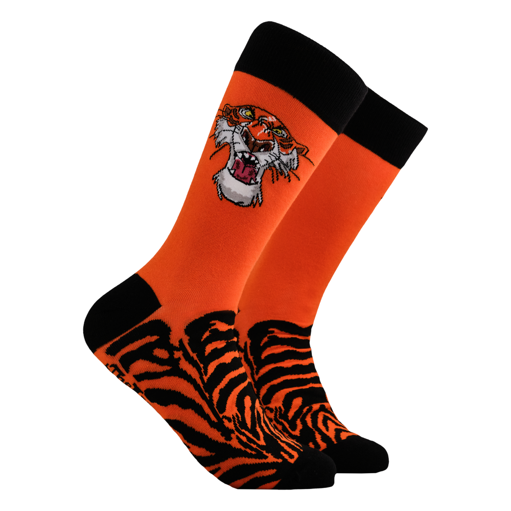 Disney's Jungle Book - Shere Khan Socks. A pair of socks depicting the villain of Jungle Book. Shere Khan. Orange legs, black toes, cuffs and heel. 