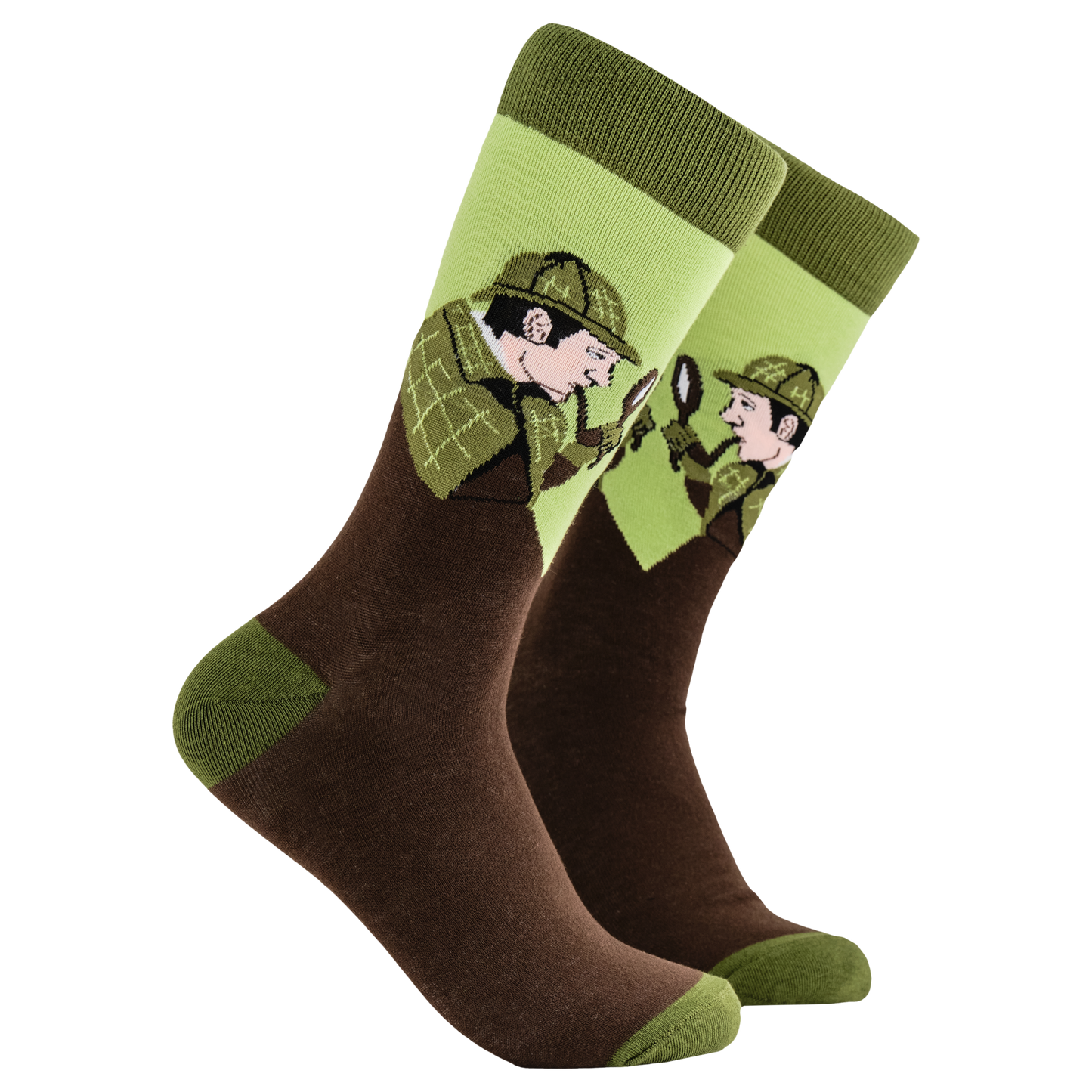 Sherlock Holmes Socks. A pair of socks depicting Sherlock Holmes with hat and pipe. Brown legs, green cuff, heel and toe.