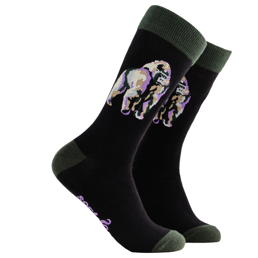 Gorilla Socks - Silverback. A pair of socks depicting a silverback gorilla. Black legs, green cuff, heel and toe.