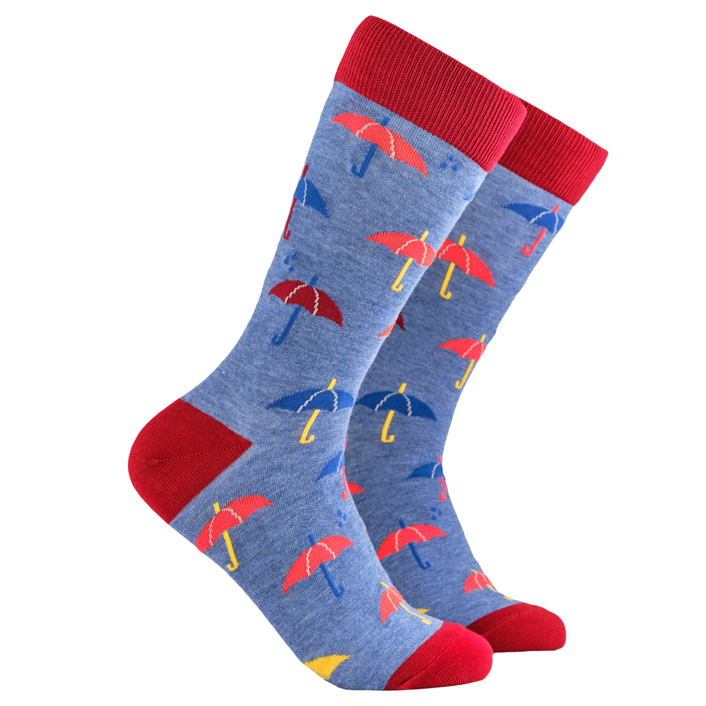 
                  
                    Rainy Socks - Singin' in the Rain. A pair of socks depicting red and blue umbrellas. Blue legs, red cuff, heel and toe.
                  
                