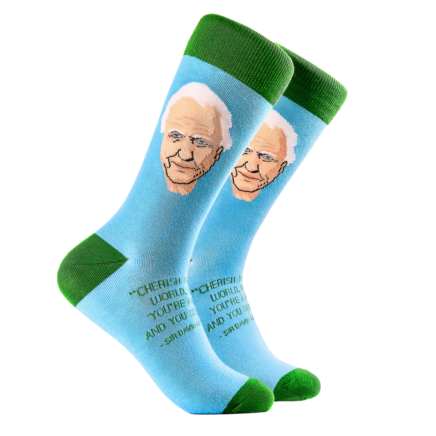 Sir David Attenborough Socks. A pair of socks depicting tSir David Attenborough Socks. Blue legs, green cuff, heel and toe.