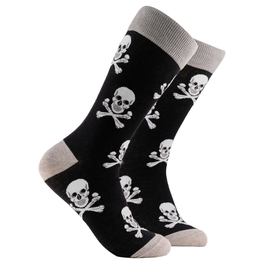 Pirate Socks - Skull and Crossbones. A pair of socks depicting the skull and crossbones. Black legs, grey cuff, heel and toe. 