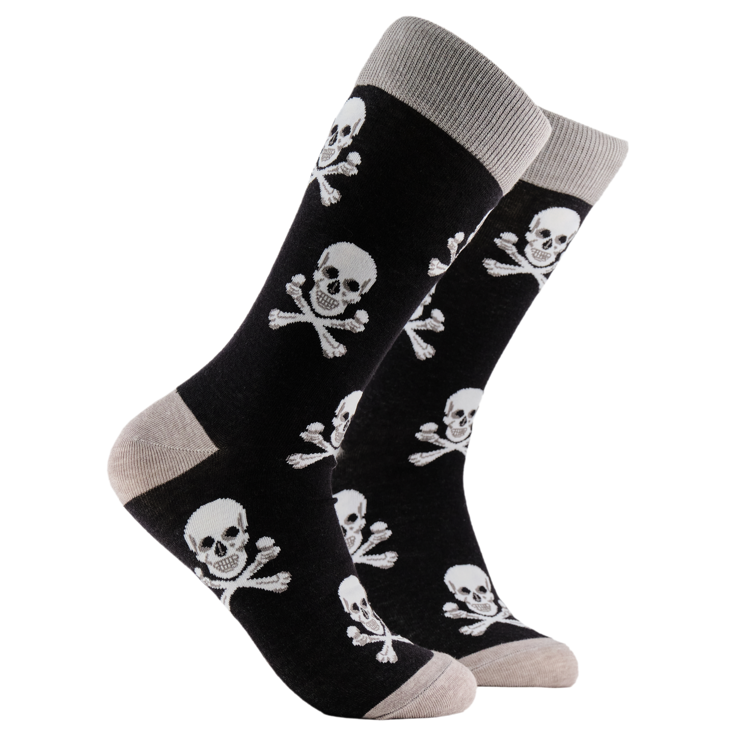 Pirate Socks - Skull and Crossbones. A pair of socks depicting the skull and crossbones. Black legs, grey cuff, heel and toe. 