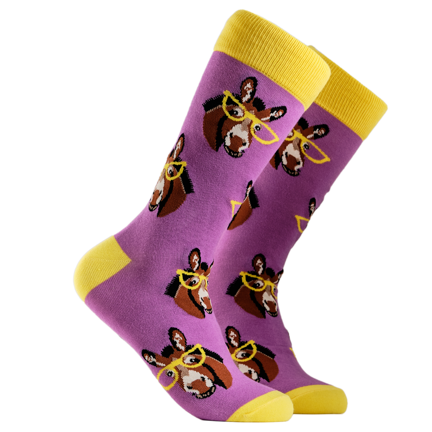 Donkey Socks - Smart Ass. A pair of socks depicting donkeys wearing glasses. Bright pink legs, yellow cuff, heel and toe.