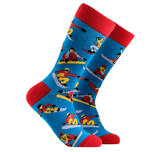 Snowboarders Socks. A pair of socks depicting snowboarders. Blue legs, red cuff, heel and toe.