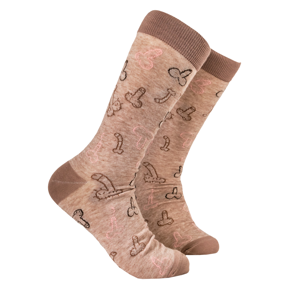 
                      
                        Willy Socks - Sock and Balls. A pair of socks with a willy and balls doodle pattern. Brown legs, brown heel, toe and cuff. 
                      
                    