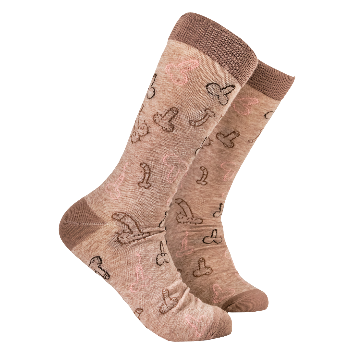 Willy Socks - Sock and Balls. A pair of socks with a willy and balls doodle pattern. Brown legs, brown heel, toe and cuff. 