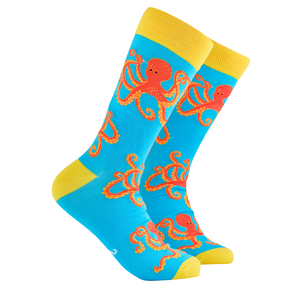 Octopus Socks - Soctopus. A pair of socks depicting the soctopus mascot, Captain Soctopus. Blue legs, yellow cuff, heel and toe.