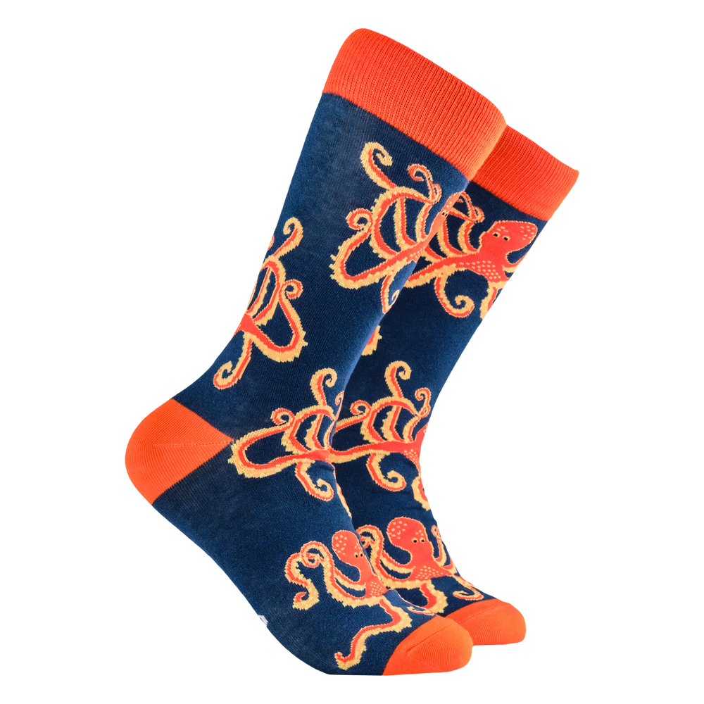 
                  
                    A pair of socks depicting the soctopus mascot, Captain Soctopus. Blue legs, orange cuff, heel and toe.
                  
                