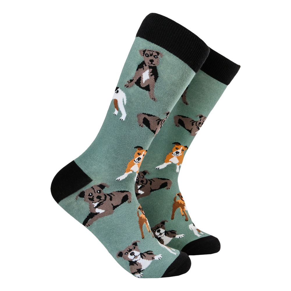 Staffordshire Terrier Socks - Staffies. A  pair of socks with a staffie motif. Green legs, black heel, toe and cuff. 