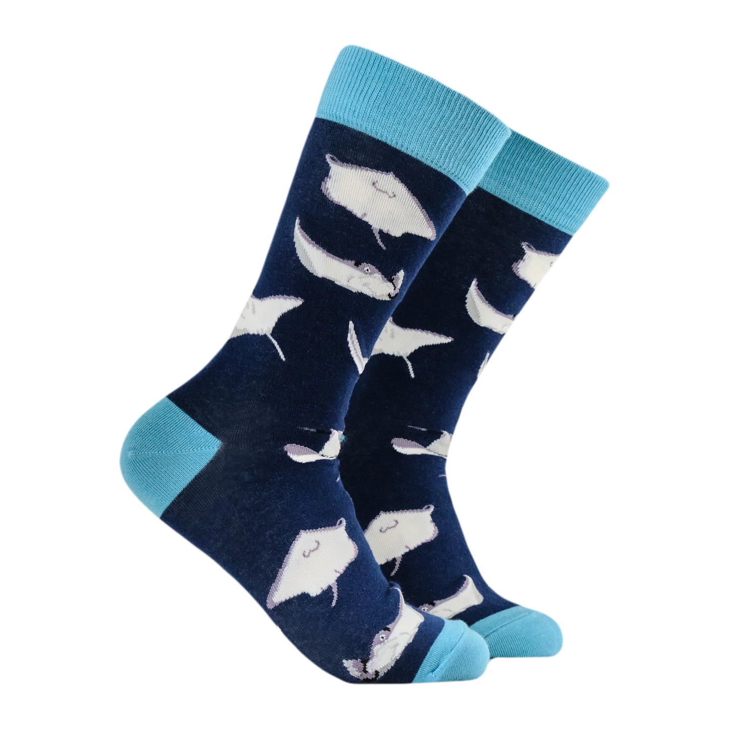 Sting Rays Bamboo Socks. A pair of socks featuring sting rays. Dark blue legs, light blue heel, toe and cuff. 